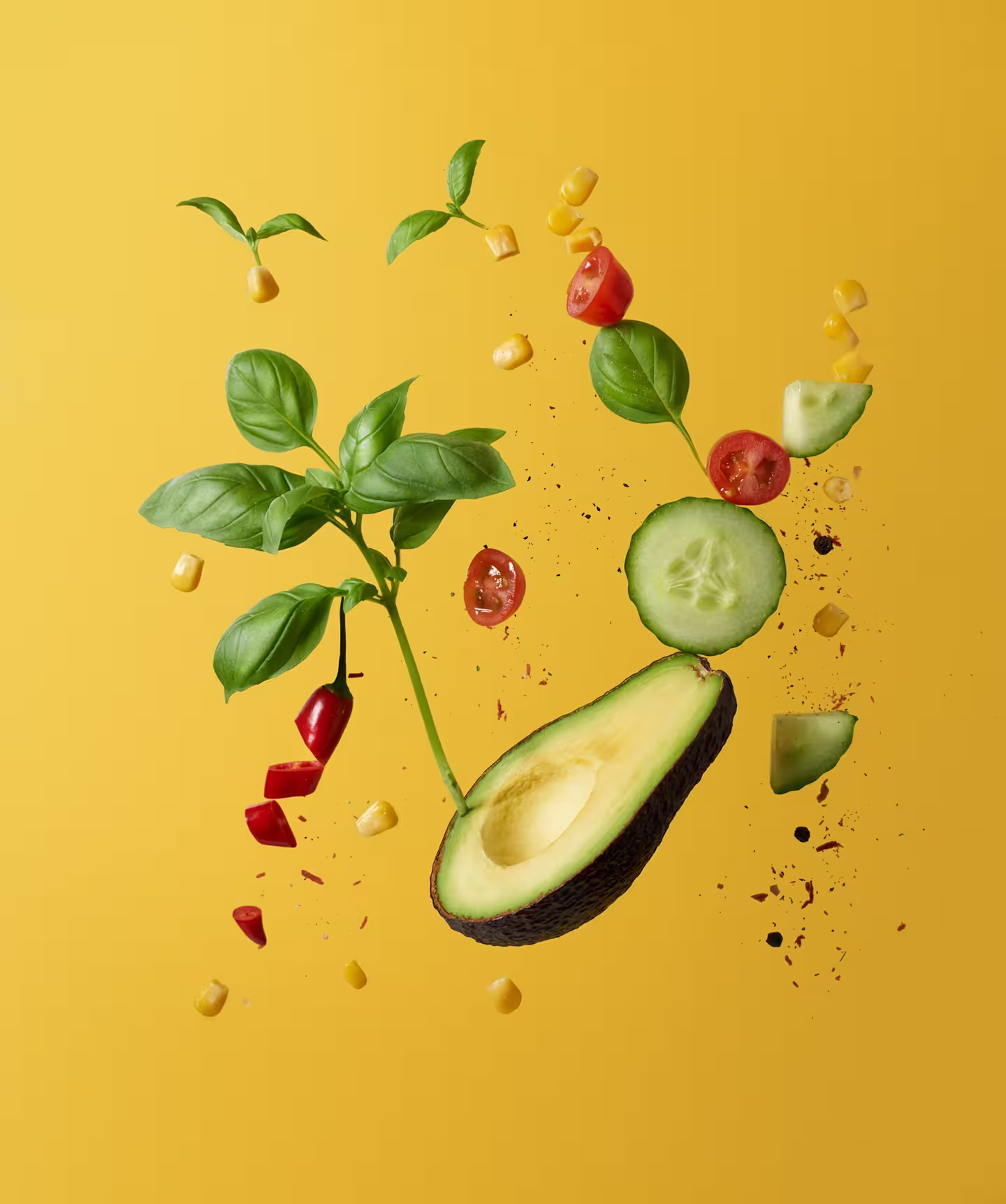 Healthy Food Items with a yellow background